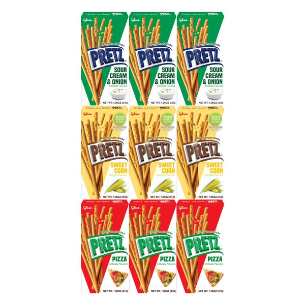 Variety Pack Sweet Corn Baked Snack Sticks Pretz, 3 Flavors: Sweet Corn, Pizza, Sour Cream & Onion - 3 Packs of Each Flavor, 1.09 Ounce, Total 9 Pack - Savory Snack Variety for All Occasions