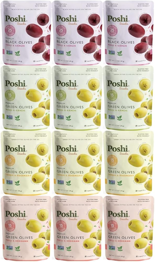 live Variety Pack – 12 Count – 4 Flavors (Lemon & Rosemary, Chili & Oregano, Chili & Garlic, Basil & Garlic) – Green & Black Olives – 1.1 oz Snack Pouches – Keto & Gluten-Free