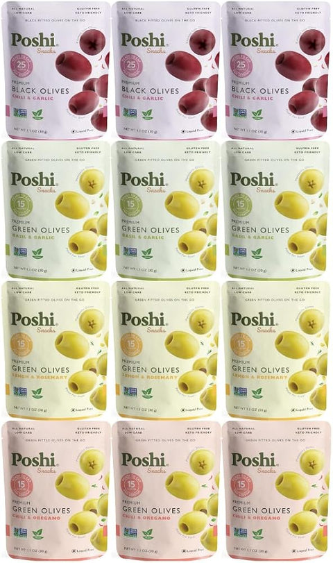 live Variety Pack – 12 Count – 4 Flavors (Lemon & Rosemary, Chili & Oregano, Chili & Garlic, Basil & Garlic) – Green & Black Olives – 1.1 oz Snack Pouches – Keto & Gluten-Free