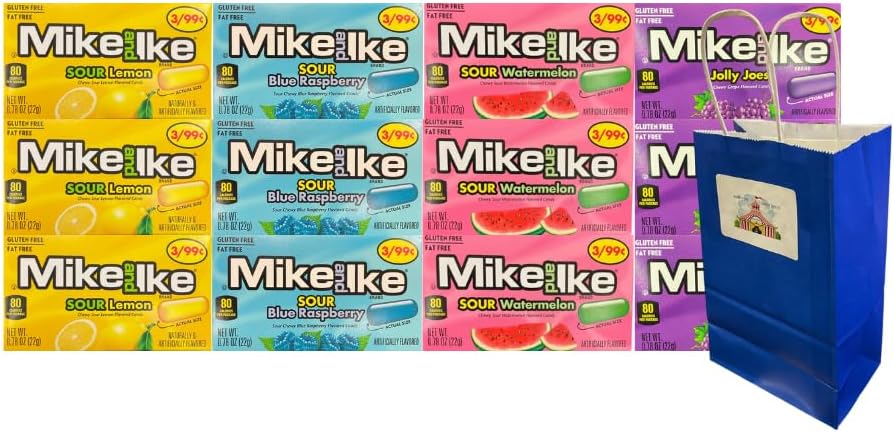 Variety Pack Mike and Ike Candy Assortment, Sour Blue Raspberry Jolly Joes Sour Watermelon Sour Lemon, 12 Pack 0.78 oz Each, Bonus Blue Paper Gift Bag 5.25x3.2x8