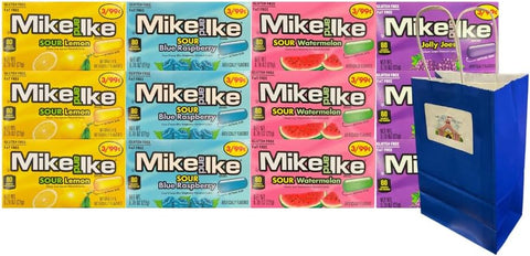 Variety Pack Mike and Ike Candy Assortment, Sour Blue Raspberry Jolly Joes Sour Watermelon Sour Lemon, 12 Pack 0.78 oz Each, Bonus Blue Paper Gift Bag 5.25x3.2x8
