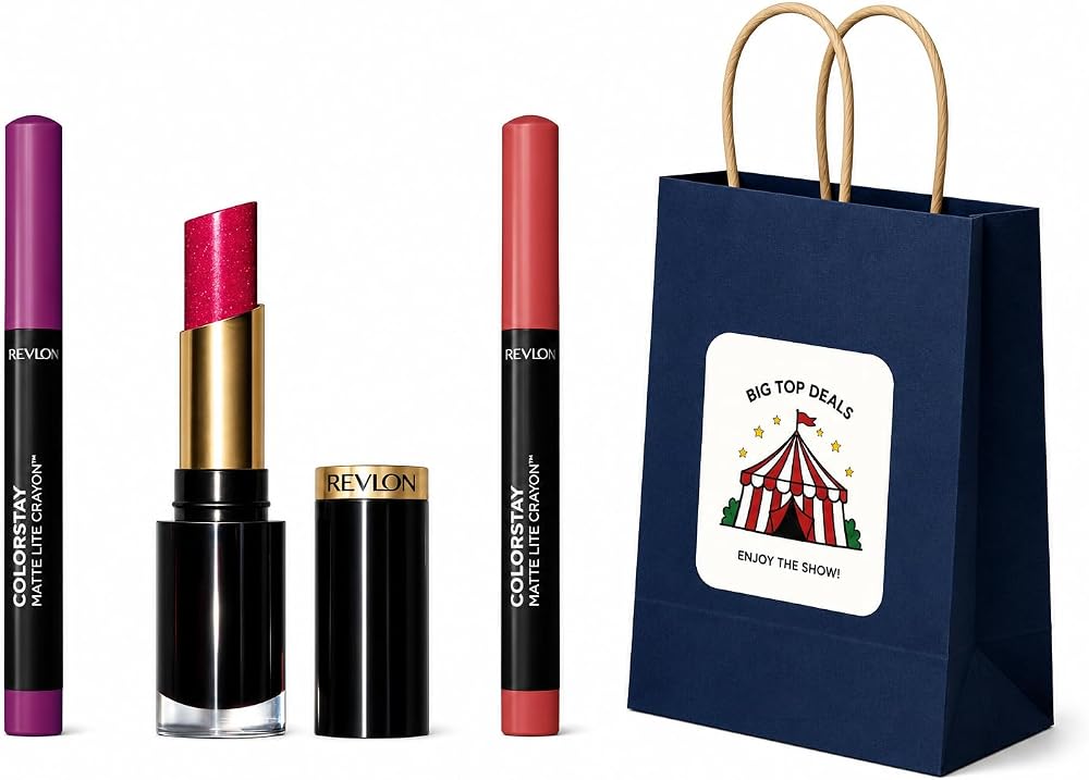 3-Piece Pink & Coral Lipstick Revlon Gift Set - Vibrant Rose, Red Shades, Long Lasting Matte Crayon Makeup Bundle for Women, White Elephant Office Party Game Prize & Secret Santa Stocking Stuffer