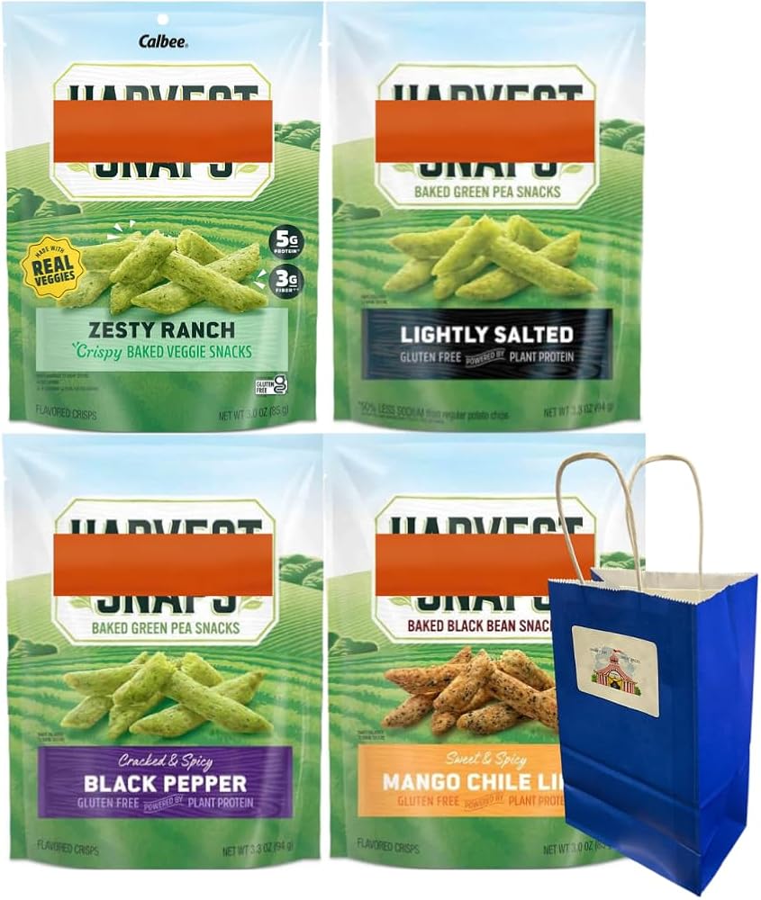 Big Top Deals USA 4-Pack Veggie Chips Bundle – Includes Snaps 3oz Bags in Zesty Ranch, Mango Chile Lime, Lightly Salted, Black Pepper – Custom Bundle Blue Paper Gift Bag (5.25x3.2x8 in)