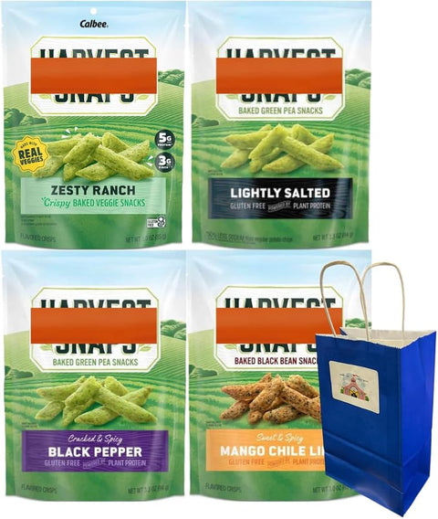 Big Top Deals USA 4-Pack Veggie Chips Bundle – Includes Snaps 3oz Bags in Zesty Ranch, Mango Chile Lime, Lightly Salted, Black Pepper – Custom Bundle Blue Paper Gift Bag (5.25x3.2x8 in)