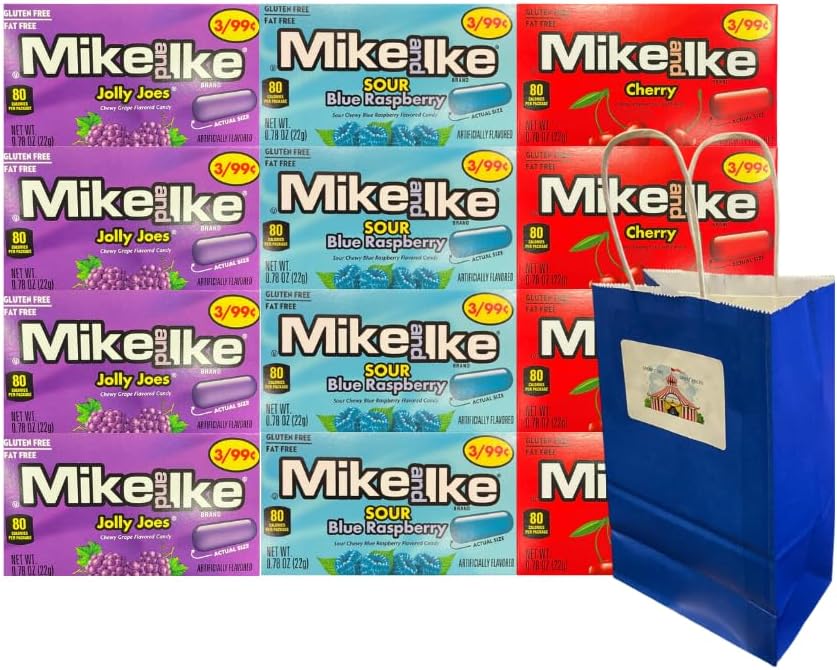 Variety Pack Mike and Ike Chewy Fruity Candy 12 Pack – 4 Flavors Sour Blue Raspberry, Jolly Joes, Cherry – 0.78 oz Snack Packs – Party Favors, Movie Night Treats with 5x3x8 Blue Paper Gift Bag