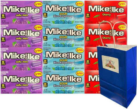Variety Pack Mike and Ike Chewy Fruity Candy 12 Pack – 4 Flavors Sour Blue Raspberry, Jolly Joes, Cherry – 0.78 oz Snack Packs – Party Favors, Movie Night Treats with 5x3x8 Blue Paper Gift Bag