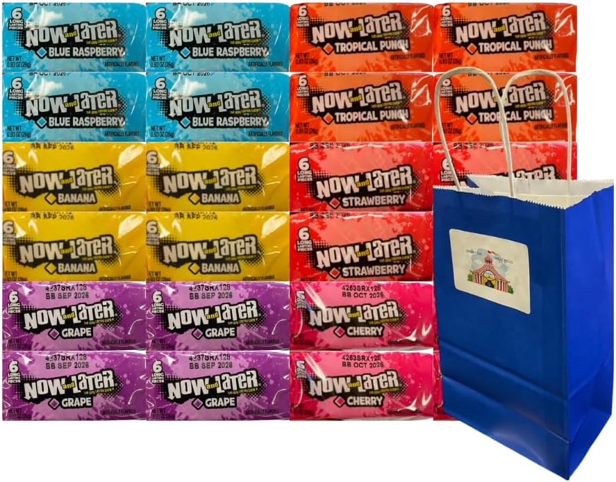 Variety Pack Now and Later Candy – 6 Flavors – 24 Pack – Includes Blue Raspberry, Tropical Punch, Banana, Strawberry, Grape, Cherry – 0.93 oz Each – 4 of Each – With Blue Paper Bag