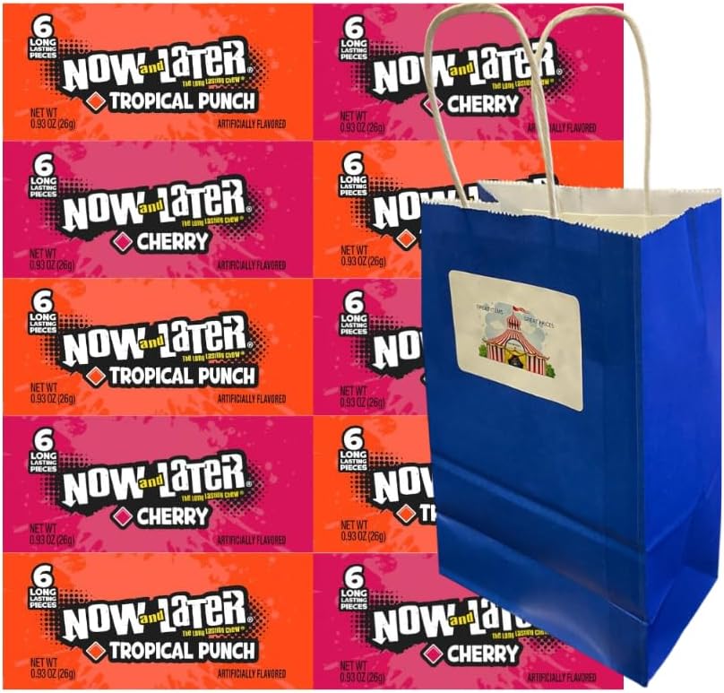 Variety Pack Now and Later Candy – 10 Individually Wrapped Pieces – 5 Cherry & 5 Tropical Punch – Long-Lasting Chewy Candy with Blue Paper Gift Bag – 0.93 oz – 5.25x3.2x8 in