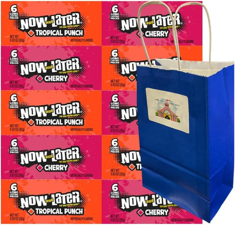 Variety Pack Now and Later Candy – 10 Individually Wrapped Pieces – 5 Cherry & 5 Tropical Punch – Long-Lasting Chewy Candy with Blue Paper Gift Bag – 0.93 oz – 5.25x3.2x8 in