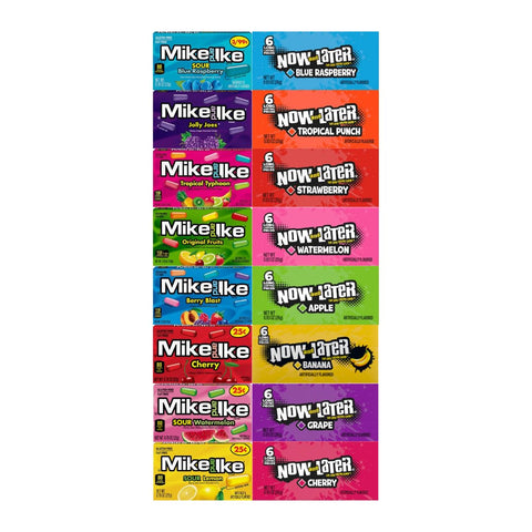 Assorted Candy Mix 16 Pack – 8 Flavors of Mike and Ike & 8 Flavors of Now and Later – Fruity Chewy Candy Variety – Individually Wrapped Snack Pack – Party Favors, Office Snacks, Bulk Candy