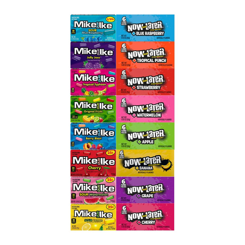 Assorted Candy Mix 16 Pack – 8 Flavors of Mike and Ike & 8 Flavors of Now and Later – Fruity Chewy Candy Variety – Individually Wrapped Snack Pack – Party Favors, Office Snacks, Bulk Candy