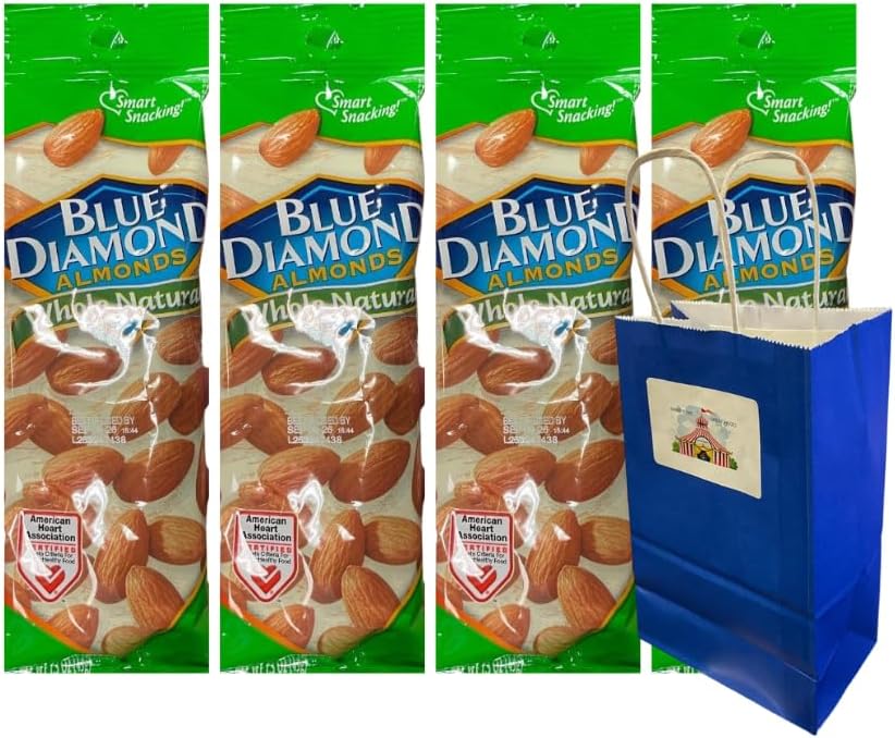 Snack Pack Diamond Whole Natural Almonds 1.5 oz 4-Pack Snack Pouches with Blue Paper Gift Bag – Healthy Crunchy Snacks, On-the-Go Protein, Gluten-Free