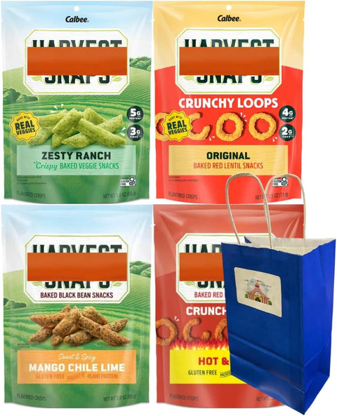 Veggie Chips Snack Variety – Hot & Spicy, Original, Mango Chile Lime, Zesty Ranch – 4-Pack Bundle by Big Top Deals USA – 3oz Bags in Custom Blue Paper Bag (5.25x3.2x8 in)