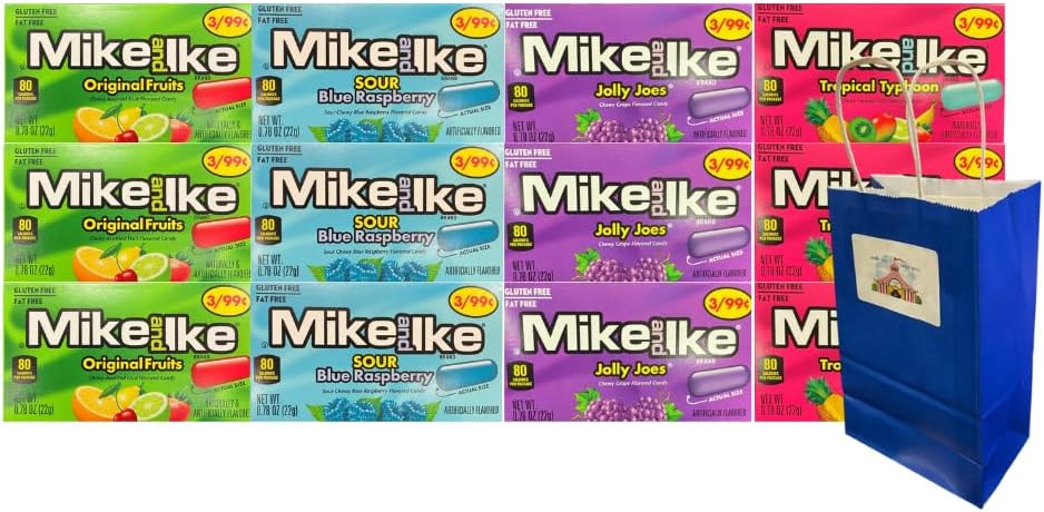 Variety Pack Mike and Ike Candy Bulk, Fruity Chewy Candies Assortment, Sour Blue Raspberry, Jolly Joes, Tropical Typhoon, Original Fruits, 0.78oz Snack Pouches 12 Count with Blue Paper Gift Bag
