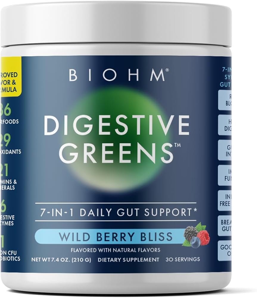BIOHM Digestive Greens, Green Superfood Powder (7.4 Oz, 30 Servings) Immune & Gut Health Support with Antioxidants, Vitamins, Probiotics & Enzymes, Good Source of Fiber, Berry Flavor