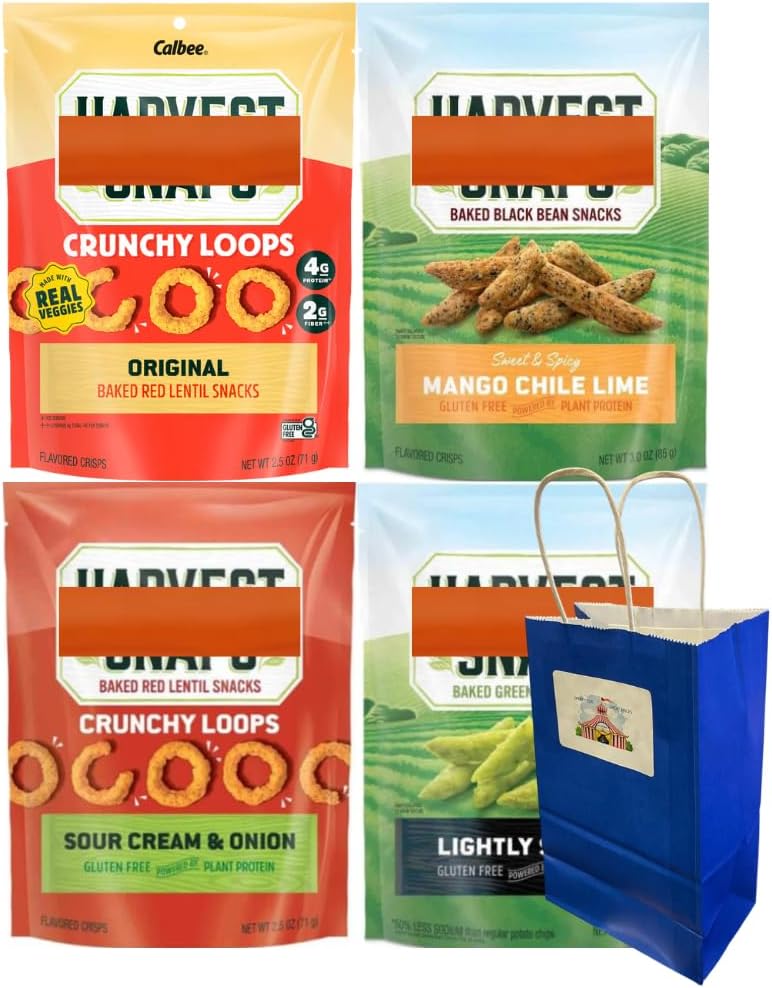 Big Top Deals USA Blue Paper Bag with Veggie Chips Variety Pack – 4ct Harvest Snaps Bags – Mango Chili Lime, Lightly Salted, Original, Sour Cream & Onion – Crunchy Baked Snacks
