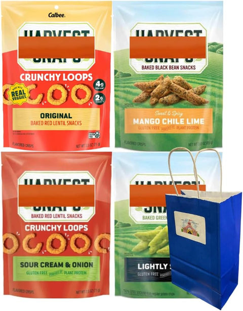 Big Top Deals USA Blue Paper Bag with Veggie Chips Variety Pack – 4ct Harvest Snaps Bags – Mango Chili Lime, Lightly Salted, Original, Sour Cream & Onion – Crunchy Baked Snacks