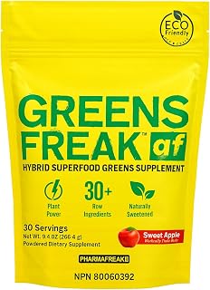 Pharmafreak Greens Freak Super Greens Powder for Men & Women - 30+ Superfoods, Spirulina, Chlorella, Wheatgrass, Probiotics & Enzymes - Gut Health, Energy & Immunity - Sweet Apple, 30 Servings