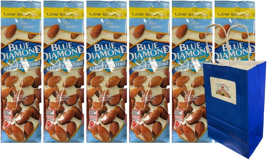 Snack Pack Diamond Almonds Lightly Salted, 1.5 oz 6 Count with Blue Paper Gift Bag, Healthy Protein-Rich Nut for On-the-Go, Travel, Lunchbox, Party Favors