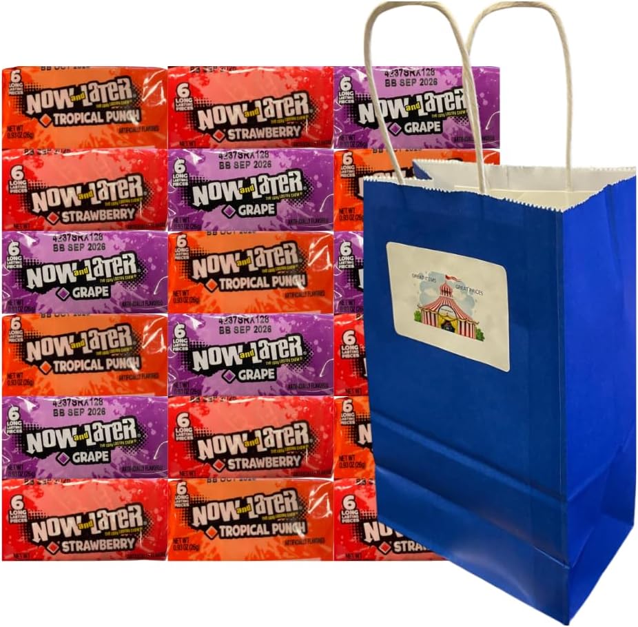 Variety Pack Now and Later Candy 18 Count – Individually Wrapped Chewy Fruit Candy – Grape Strawberry Tropical Punch – Bonus Blue Gift Bag Included – 0.93 oz Each – Party Favor or Snack