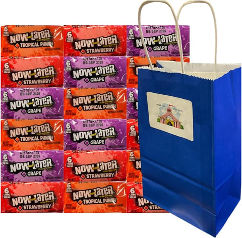 Variety Pack Now and Later Candy 18 Count – Individually Wrapped Chewy Fruit Candy – Grape Strawberry Tropical Punch – Bonus Blue Gift Bag Included – 0.93 oz Each – Party Favor or Snack