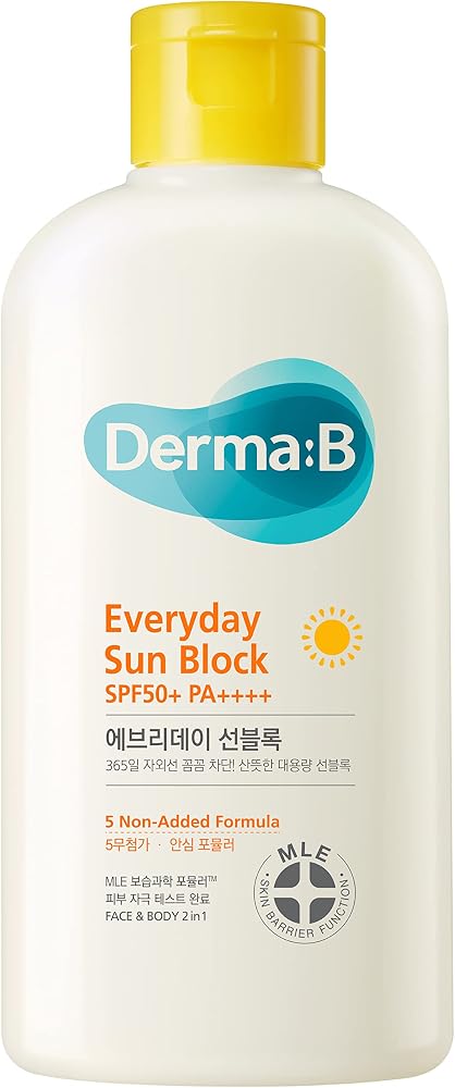 Derma B Everyday Sun Block Large Size Sunscreen SPF50+ PA++++ 6.71 Fl Oz, 200ml Fast-Absorbing Lightweight SPF Moisturizer, Facial Body Non-Sticky for Dewy Skin, Korean Protection Lotion
