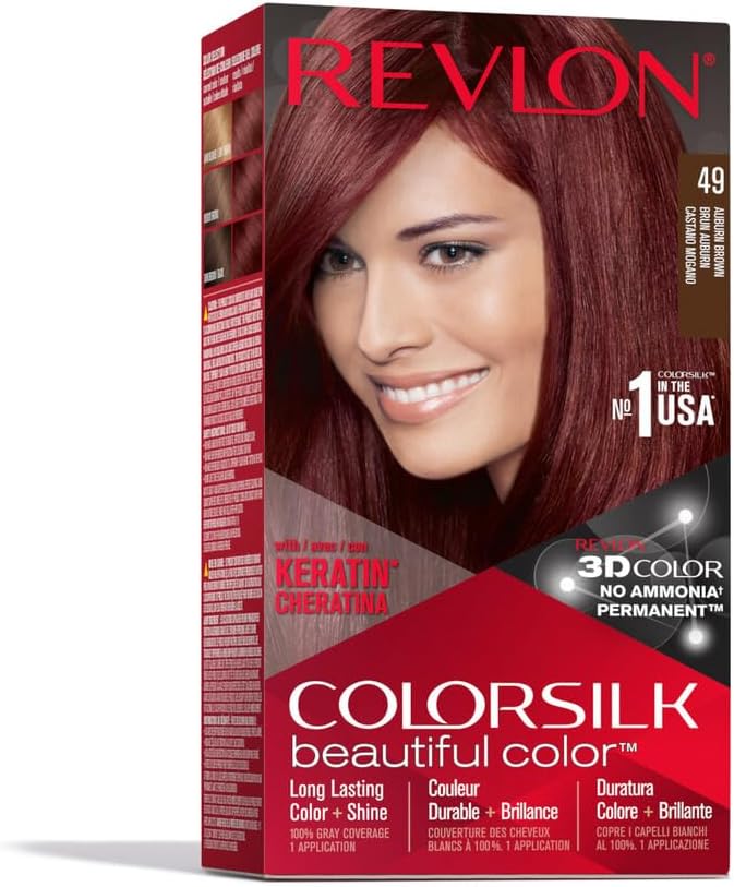 Revlon Colorsilk Beautiful Color, Permanent Hair Dye with Keratin, 100% Gray Coverage, Ammonia Free, 49 Auburn Brown