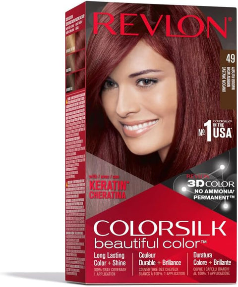 Revlon Colorsilk Beautiful Color, Permanent Hair Dye with Keratin, 100% Gray Coverage, Ammonia Free, 49 Auburn Brown