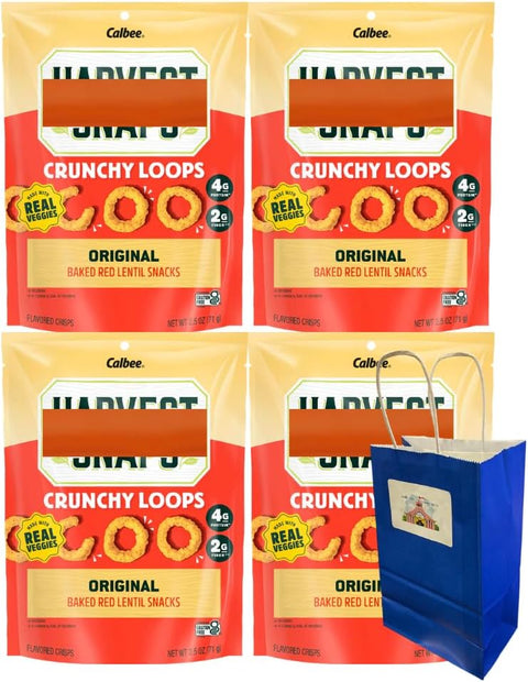 Big Top Deals USA Blue Paper Bag – 4-Pack Harvest Snaps Veggie Chips Crunchy Loops, Original, 5.25x3.2x8 (Custom Bundle)