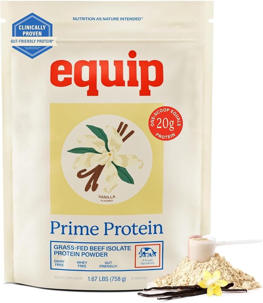 Equip Foods Prime Protein Powder | Clean, Grass Fed Beef Protein Powder | Carnivore Protein Isolate, Keto Friendly | Gluten & Dairy Free | Helps Build & Repair Tissue | 30 Servings, Vanilla (No Sugar)