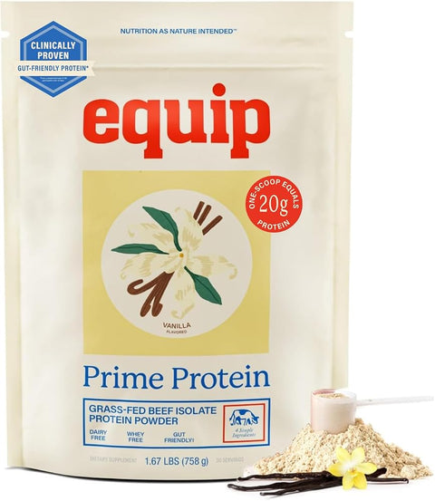 Equip Foods Prime Protein Powder | Clean, Grass Fed Beef Protein Powder | Carnivore Protein Isolate, Keto Friendly | Gluten & Dairy Free | Helps Build & Repair Tissue | 30 Servings, Vanilla (No Sugar)