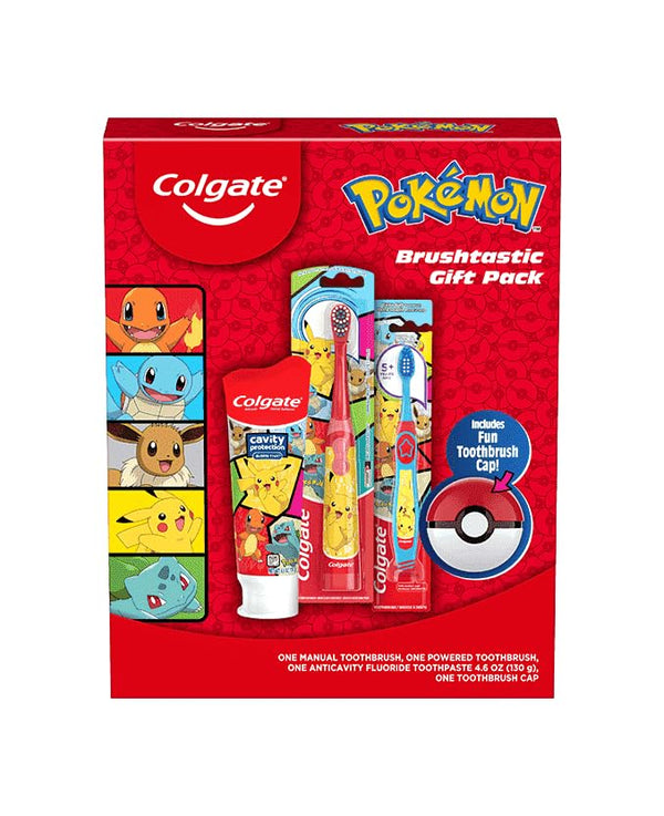 Colgate Kids Toothbrush Set with Toothpaste, Pokémon Gift Set, 1 Manual Toothbrush, 1 Battery-Powered Toothbrush and 1 Toothpaste, Blue/Black/Red