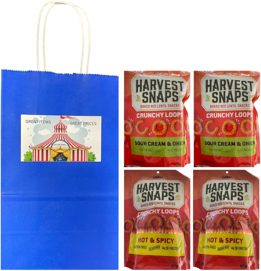 Big Top Deals USA Blue Paper Bag, 5.25x3.2x8 – Snaps Veggie Chips Hot & Spicy & Sour Cream & Onion, 4-Pack Custom Bundle (2 Bags Each Flavor)