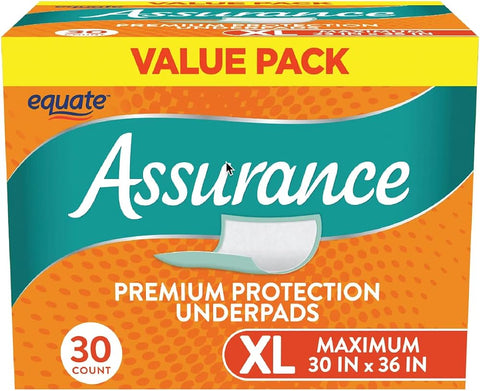 Goodscious Equate Assurance Unisex Premium Quilted Underpad - Incontinence Pads Absorbent Protective Bed Covers for Kids, Adults, Elderly Maximum Absorbency, XL, 30 Count White
