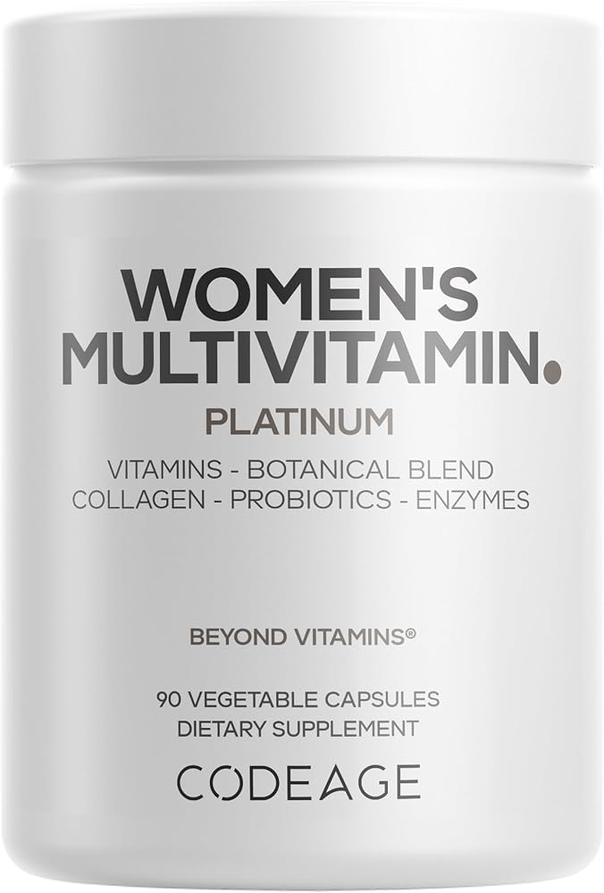 Codeage Women’s Multivitamin Platinum - Vitamins A D3 K1 K2 B12 & Minerals, CoQ10, Skin, Hair & Nails Complex, Collagen, Botanicals, Probiotics, Fermented Greens, Lutein, Astaxanthin - 90 Capsules