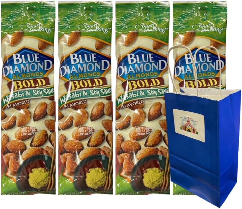 Snack Pack Diamond Almonds Wasabi & Soy Sauce, Bold Flavor Almonds, 1.5 oz Pouches, 4-Pack with 5.25x3.2x8 in Blue Paper Bag Included