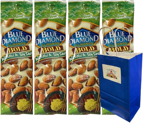 Snack Pack Diamond Almonds Wasabi & Soy Sauce, Bold Flavor Almonds, 1.5 oz Pouches, 4-Pack with 5.25x3.2x8 in Blue Paper Bag Included