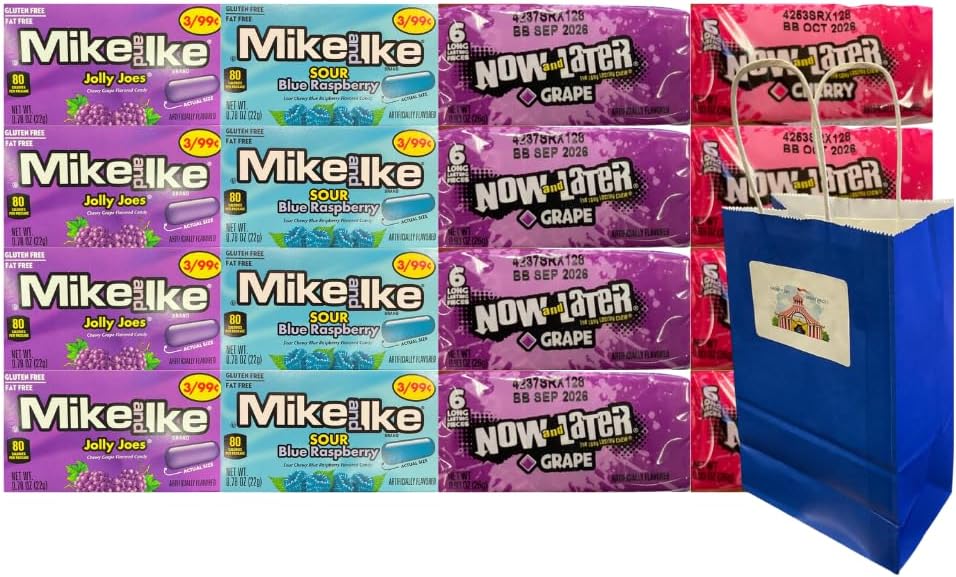 Assorted Candy Mix Variety Pack – Includes Mike and Ike Sour Blue Raspberry, Jolly Joes, Now and Later Grape & Cherry, Bulk 16-Pack with 4 Each Flavor, Blue Paper Bag for Parties, Snacks & Gifts