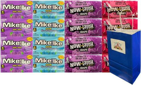 Assorted Candy Mix Variety Pack – Includes Mike and Ike Sour Blue Raspberry, Jolly Joes, Now and Later Grape & Cherry, Bulk 16-Pack with 4 Each Flavor, Blue Paper Bag for Parties, Snacks & Gifts
