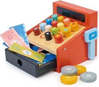 Mentari Toys - Till - Wooden Play Cash Register - Squishy Buttons, Magnetic Scanner and Money - Pretend Play Toy for Kids - Builds Math, Fine Motor and Social Skills - Age 3+