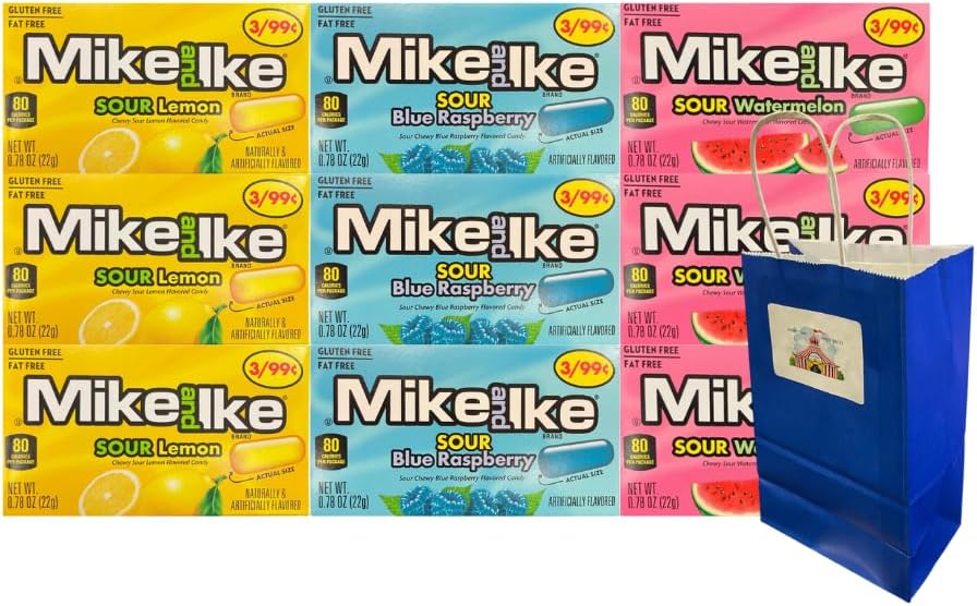 Variety Pack Mike and Ike Candy 9 Count Sour Flavors Blue Raspberry Watermelon Lemon 0.78 Oz Each with Blue Paper Gift Bag 5.25x3.2x8 Inch, Candy Party Favor Snack Treats