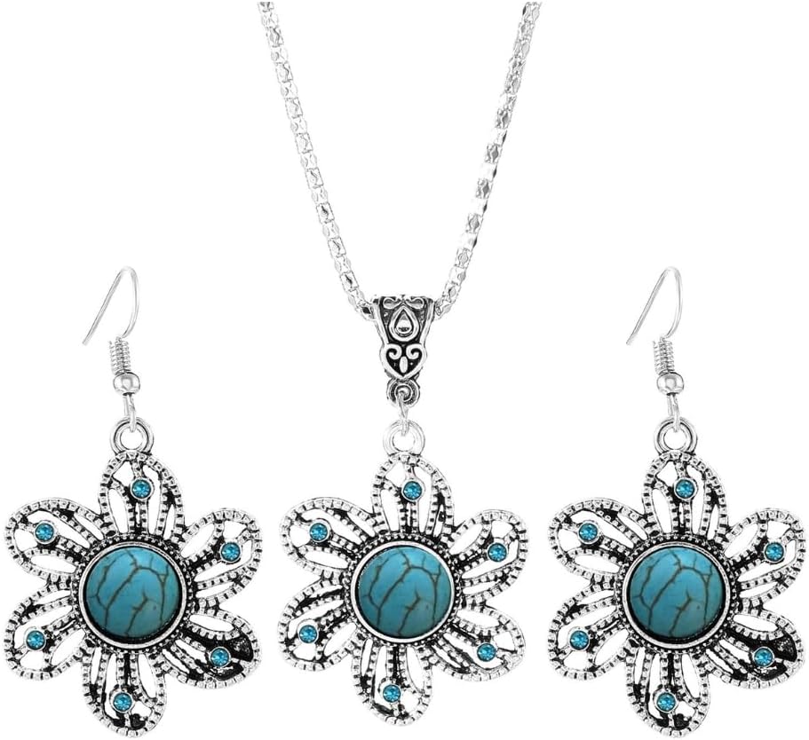 BIG TOP DEALS USA Elegant Silver Blue Stone Turquoise Hollow Flower Earring Necklace Set – Women’s Boho Vintage Jewelry for Weddings, Parties & Everyday Wear