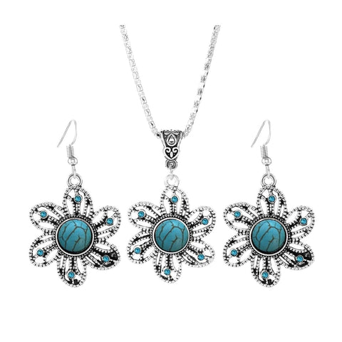 Big TOP DEALS USA Elegant Silver Blue Stone Turquoise Hollow Flower Earring Necklace Set – Women’s Boho Vintage Jewelry for Weddings, Parties & Everyday Wear