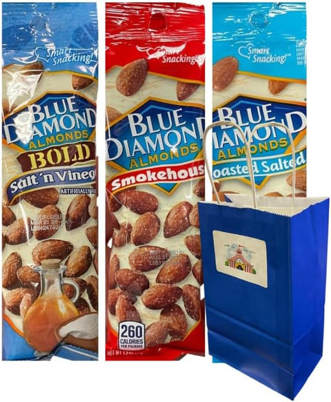 Variety Pack Diamond Almonds – Salt 'n Vinegar, Smokehouse, Roasted Salted Flavors – 3 Count 1.5 oz Snack Bags with Blue Paper Gift Bag – Healthy Protein Snack – Gluten-Free – On-the-Go Packs