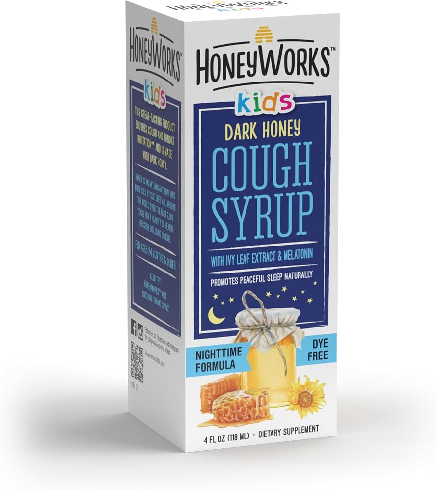 HoneyWorks Nighttime Cough Syrup for Kids with Organic Honey, 4 Oz, Helps Soothe Cough, Throat Irritation with Dark Honey, Ivy Leaf Extract, Melatonin