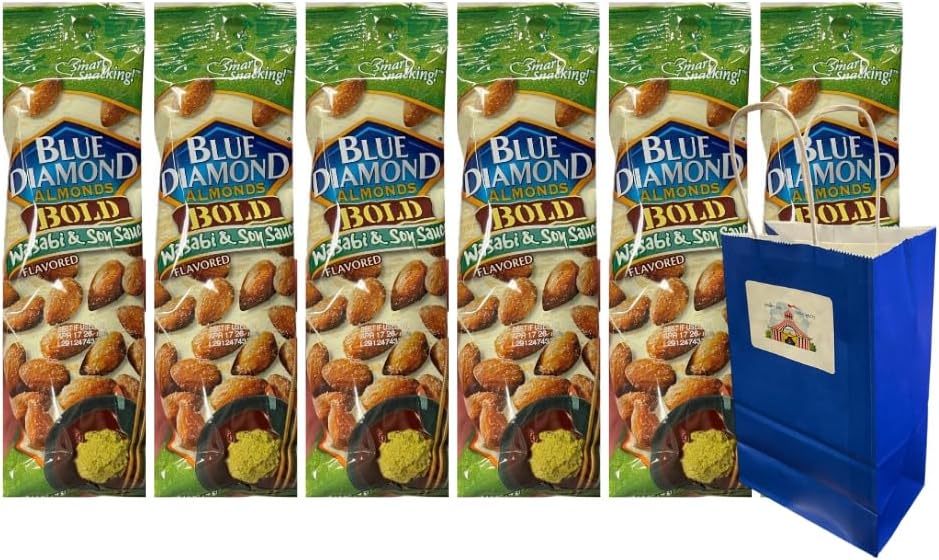 Snack Pack Diamond Almonds Wasabi & Soy Sauce 1.5oz Bags 6 Count Plus Blue Gift Paper Bag 5.25x3.2x8 – Savory Spicy Protein Snack – On-the-Go Healthy Crunchy Nut Pack