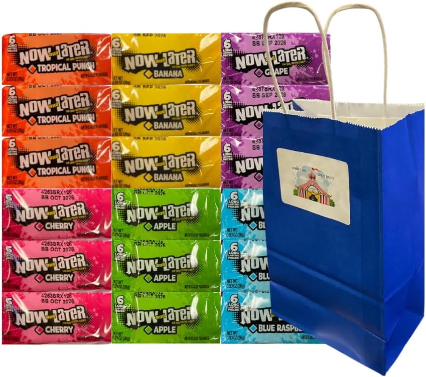 Variety Pack Now and Later Candy with Blue Paper Gift Bag, 18 Individually Wrapped Pieces, 6 Flavors, 0.93 oz, Assorted Fruit Chews, Bulk Candy, Party Favor, Classroom Treats