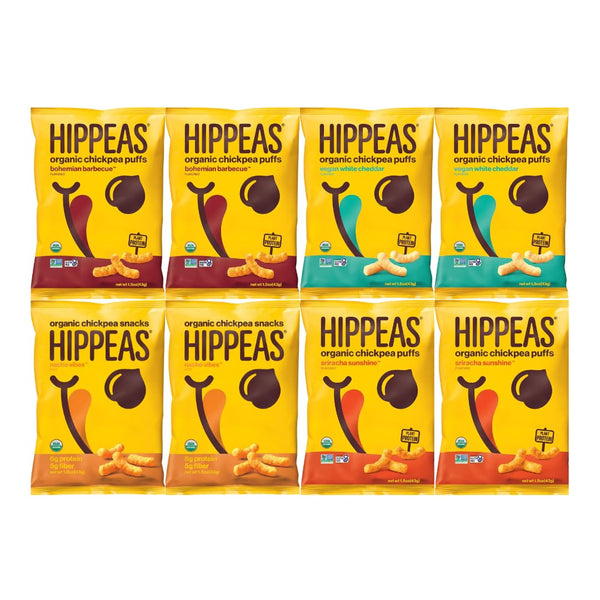 Variety Pack Organic Chickpea Puffs - Hippeas, 4 Flavors: Bohemian BBQ, Vegan White Cheddar, Nacho Vibes, Sriracha Sunshine, 2 Each Flavor, 1.5 oz Bags, 8 Pack - Healthy, Gluten-Free, Vegan Snacks