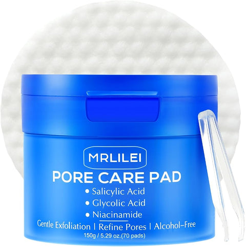 Mrlilei BHA Salicylic Acid Toner Pads with Pore Care, Dual-Textured Exfoliating Pads with Glycolic Acid & Niacinamide, Daily Facial Skincare for All Skin Types, 70 Pads + 4 Trial Pads