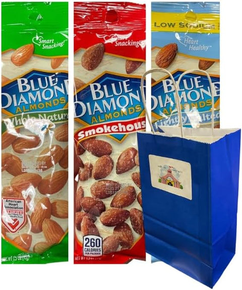 Variety Pack Diamond Almonds – Smokehouse, Whole Natural, Lightly Salted, Healthy Snack, Convenient 1.5 oz Pouches, 3-Pack with 5.25x3.2x8 Blue Paper Bag Included